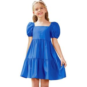 Arshiner Girls Dress Puff Sleeve A-Line Classic Elegant Beach Ruffled Loose Tiered Ruffle Casual Dresses Square Neck(Blue)