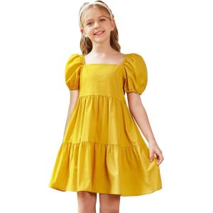 Arshiner Girls Dress Puff Sleeve A-Line Classic Elegant Beach Ruffled Loose Tiered Ruffle Casual Dresses Square Neck(Yellow)