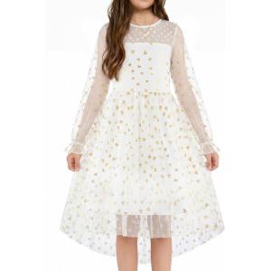 Arshiner Girls Dresses Contrast Mesh Long Sleeve Twirly High Low Birthday Party Formal Dress(White Gold Heart)