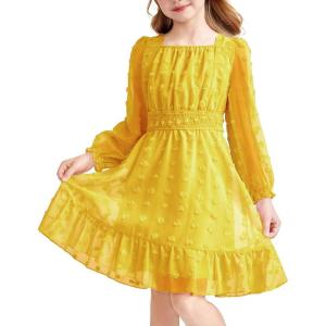 Arshiner Girls Dresses Long Sleeve Square Neck Swiss Dot Flowy Casual Party Dress(Yellow)