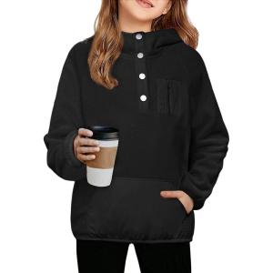 Arshiner Girls Fleece Pullover Hooded Sweatshirt Colorblock Sherpa Hoodie for Teen Girl Winter Button Jacket Coat with Pocket(Black)