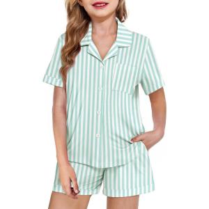 Arshiner Girls Pajamas Summer Outfit Kids Shorts Sets Button Down Loungewear Pjs(Green Stripes)