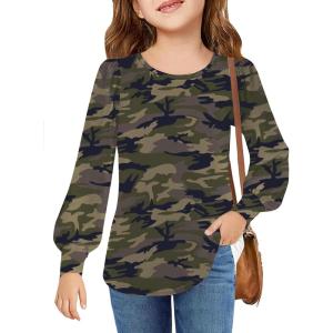 Arshiner Girls Puff Long Sleeve Shirts Crew Neck Lantern Sleeve Tunic Tops Casual Shirts for Gilrs Soft Comfy Blouses(Army Green)