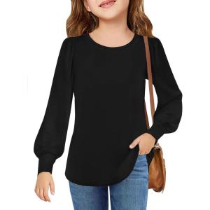 Arshiner Girls Puff Long Sleeve Shirts Crew Neck Lantern Sleeve Tunic Tops Casual Shirts for Gilrs Soft Comfy Blouses(Black)