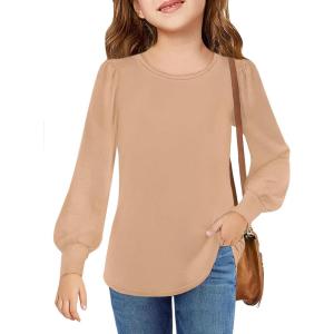 Arshiner Girls Puff Long Sleeve Shirts Crew Neck Lantern Sleeve Tunic Tops Casual Shirts for Gilrs Soft Comfy Blouses(Deep Khaki)