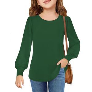 Arshiner Girls Puff Long Sleeve Shirts Crew Neck Lantern Sleeve Tunic Tops Casual Shirts for Gilrs Soft Comfy Blouses(Green)