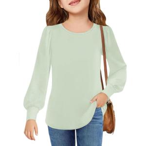 Arshiner Girls Puff Long Sleeve Shirts Crew Neck Lantern Sleeve Tunic Tops Casual Shirts for Gilrs Soft Comfy Blouses(Light Green)