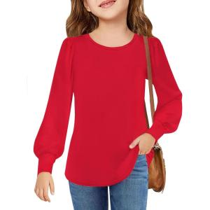 Arshiner Girls Puff Long Sleeve Shirts Crew Neck Lantern Sleeve Tunic Tops Casual Shirts for Gilrs Soft Comfy Blouses(Red)