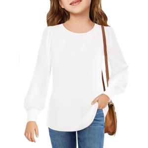 Arshiner Girls Puff Long Sleeve Shirts Crew Neck Lantern Sleeve Tunic Tops Casual Shirts for Gilrs Soft Comfy Blouses(White)