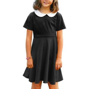 Arshiner Girls Short Sleeve School Dresses Peter Pan Collar Cotton Holiday Flare Skater Dress