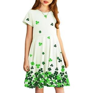 Arshiner Girl’s Summer Dresses Short Sleeve Casual Holiday Skater Twirl Dress with Pockets(Green Clover)