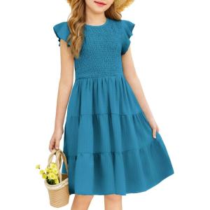 Arshiner Girls Summer Flutter Short Sleeve Sundress Smocked Elastic Waist Tiered Midi Dress with Pockets(Blue)
