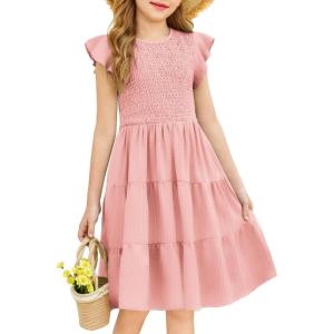 Arshiner Girls Summer Flutter Short Sleeve Sundress Smocked Elastic Waist Tiered Midi Dress with Pockets(Light Pink)