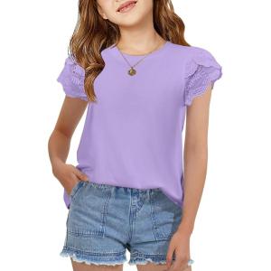 Arshiner Girls T Shirts Lace Petal Short Sleeves Kids Crewneck Casual Blouse Summer Tops Tees(Purple)