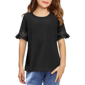 Arshiner Girls T-Shirt Kids Casual Tunic Tops Lace Short Sleeve Loose Soft Blouse(Black)