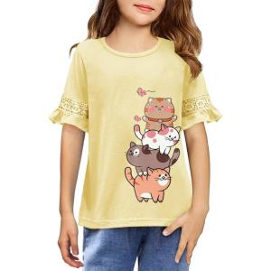 Arshiner Girls T-Shirt Kids Casual Tunic Tops Lace Short Sleeve Loose Soft Blouse(Cat Print)