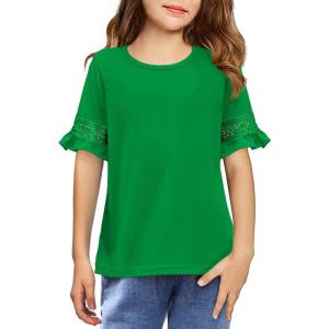 Arshiner Girls T-Shirt Kids Casual Tunic Tops Lace Short Sleeve Loose Soft Blouse(Green)