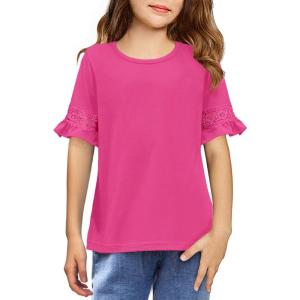 Arshiner Girls T-Shirt Kids Casual Tunic Tops Lace Short Sleeve Loose Soft Blouse(Rose Red)
