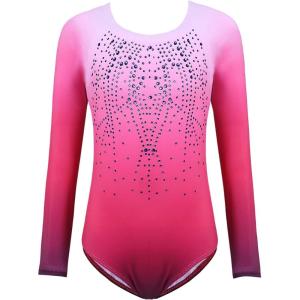 Arshiner Kid Girls Long Sleeve Color Gradient Gymnastics Leotard Shiny Diamond Ballet Dance One Piece Outfit