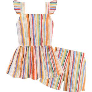 Arshiner Toddler Girl Clothes 2 Piece Summer Outfit Ruffle Sleeveless Top and Shorts Set with Pockets 2-7Y(Brown Stripe)