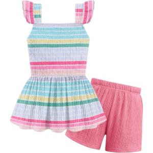 Arshiner Toddler Girl Clothes 2 Piece Summer Outfit Ruffle Sleeveless Top and Shorts Set with Pockets 2-7Y(Pink Rainbow Stripe)