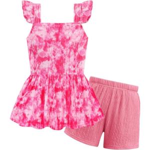 Arshiner Toddler Girl Clothes 2 Piece Summer Outfit Ruffle Sleeveless Top and Shorts Set with Pockets 2-7Y(Pink Tie Dye)