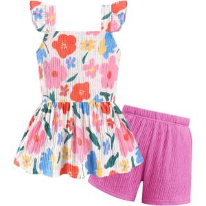 Arshiner Toddler Girl Clothes 2 Piece Summer Outfit Ruffle Sleeveless Top and Shorts Set with Pockets 2-7Y(Pink/Blue Floral)