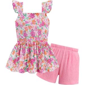 Arshiner Toddler Girl Clothes 2 Piece Summer Outfit Ruffle Sleeveless Top and Shorts Set with Pockets 2-7Y(Pink/Purple Floral)