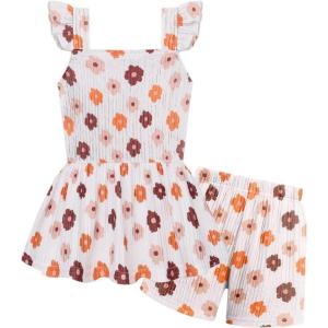 Arshiner Toddler Girl Clothes 2 Piece Summer Outfit Ruffle Sleeveless Top and Shorts Set with Pockets 2-7Y(White/Brown Floral)
