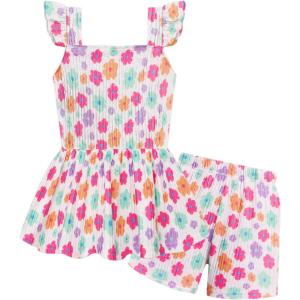 Arshiner Toddler Girl Clothes 2 Piece Summer Outfit Ruffle Sleeveless Top and Shorts Set with Pockets 2-7Y(White/Multicolor Floral)