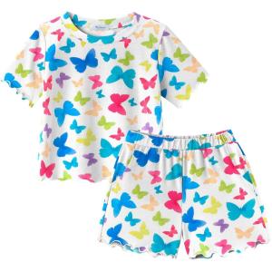 Arshiner Toddler Girls Clothes Ruffle Short Sleeves Crewneck Tops and Shorts with Pockets Cute Summer 2 Pieces Short Sets(Butterfly Pattern)