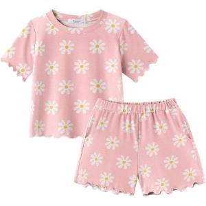 Arshiner Toddler Girls Clothes Ruffle Short Sleeves Crewneck Tops and Shorts with Pockets Cute Summer 2 Pieces Short Sets(Daisy Pink)