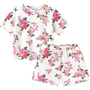 Arshiner Toddler Girls Clothes Ruffle Short Sleeves Crewneck Tops and Shorts with Pockets Cute Summer 2 Pieces Short Sets(Floral Print)