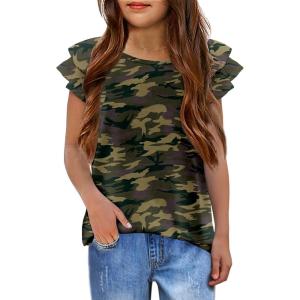 Girls T Shirts Ruffle Short Sleeve Round Neck Loose Blouse Summer Solid Color Casual Girl Tee Tops for 3-12 Years(Camo)