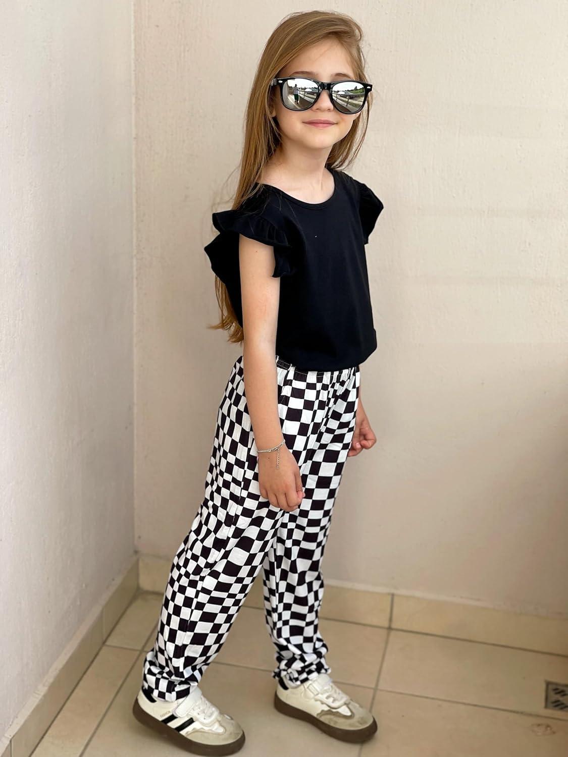 image:imageArshiner 2 Piece Girl Clothes Outfits Spring Summer Ruffle Trim Tank Top Shirts and Pant Set with PocketsBlack Checkered