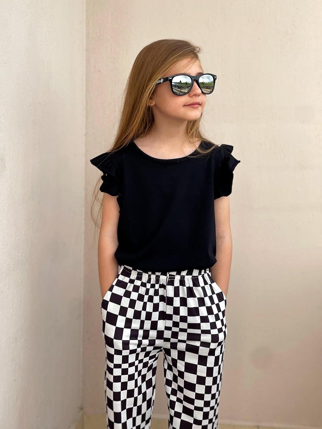 image:imageArshiner 2 Piece Girl Clothes Outfits Spring Summer Ruffle Trim Tank Top Shirts and Pant Set with PocketsBlack Checkered
