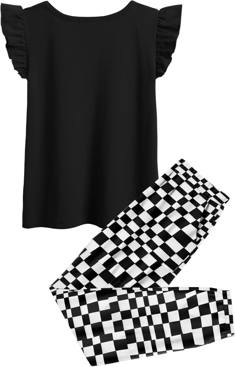 image:imageArshiner 2 Piece Girl Clothes Outfits Spring Summer Ruffle Trim Tank Top Shirts and Pant Set with PocketsBlack Checkered