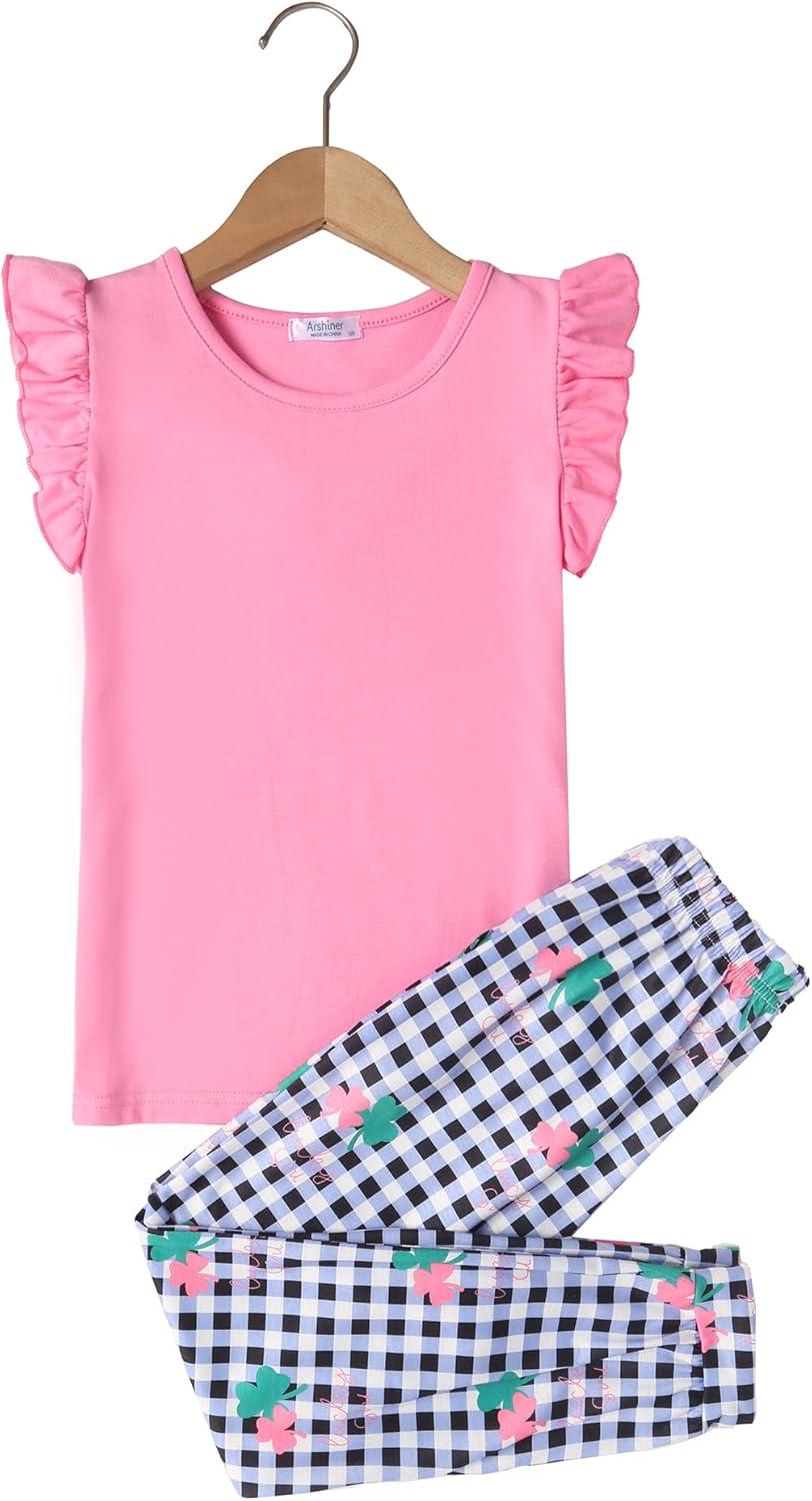 image:imageArshiner 2 Piece Girl Clothes Outfits Spring Summer Ruffle Trim Tank Top Shirts and Pant Set with PocketsPinkstrawberry