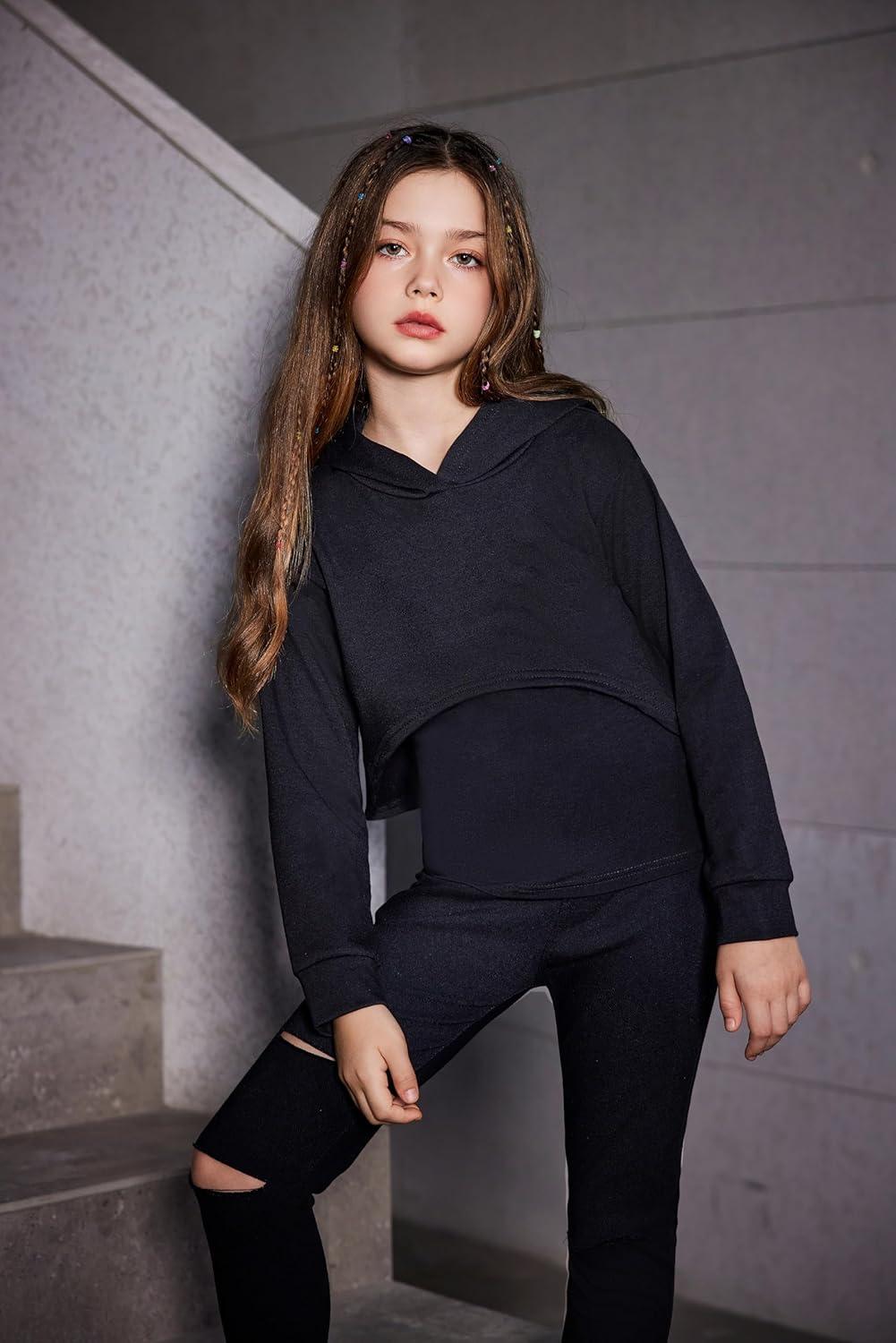 image:imageArshiner 3 Piece Girls Jogger Set Sweatsuits Crop Sweatshirt Hoodie Adjustable Cami Top and SweatpantsCamouflage
