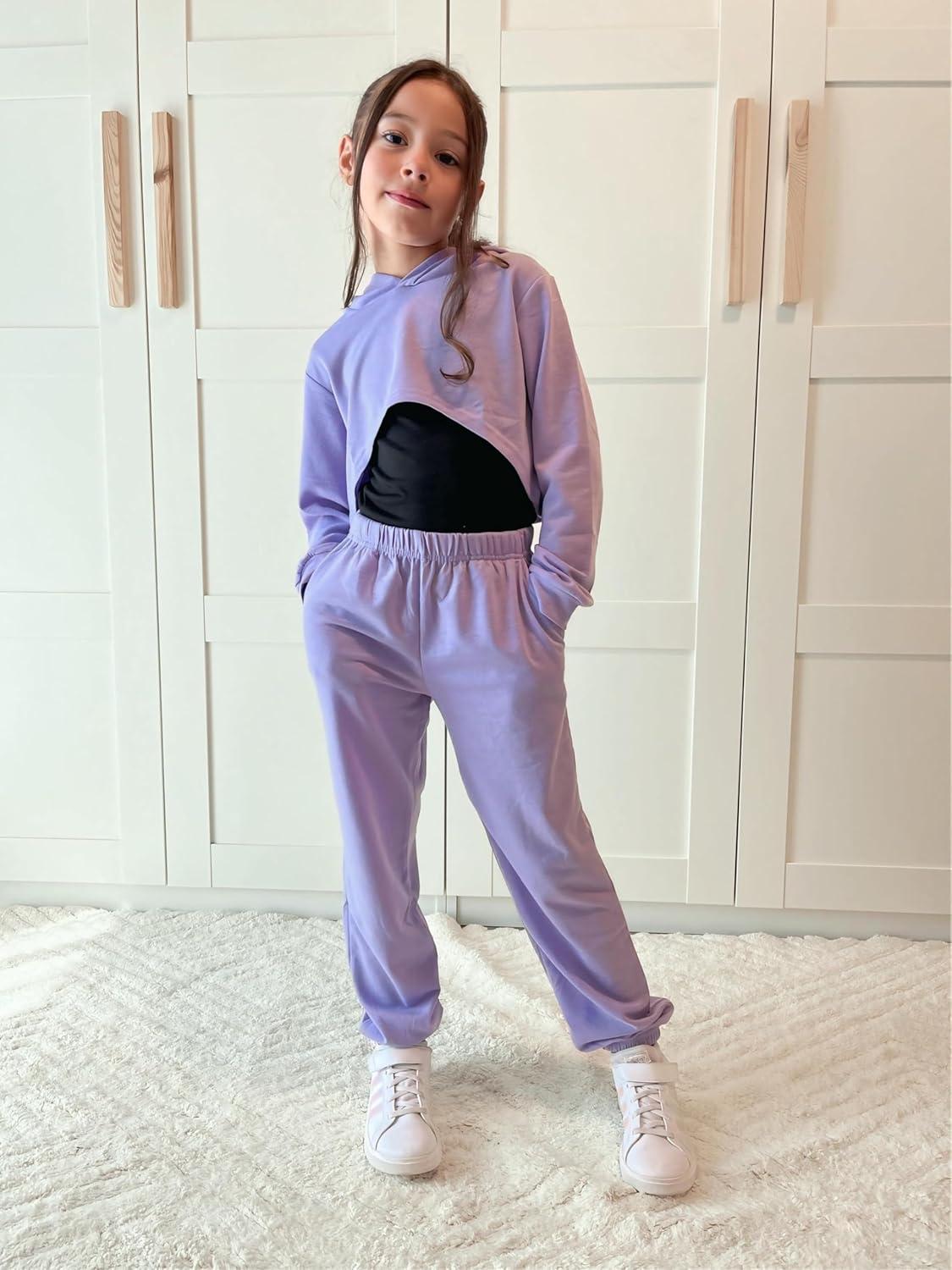 image:imageArshiner 3 Piece Girls Jogger Set Sweatsuits Crop Sweatshirt Hoodie Adjustable Cami Top and SweatpantsPurple