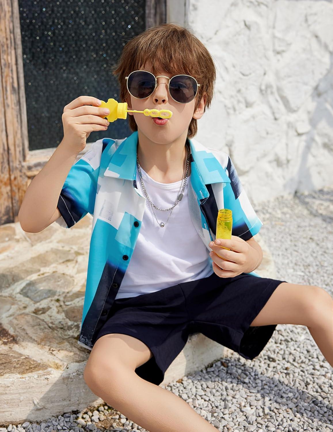 image:imageArshiner Boys 2 Piece Outfits Hawaiian Shorts Sets Button Down Shirt and Shorts Summer Beach Clothes for 212 YearsBlue White Colorblock