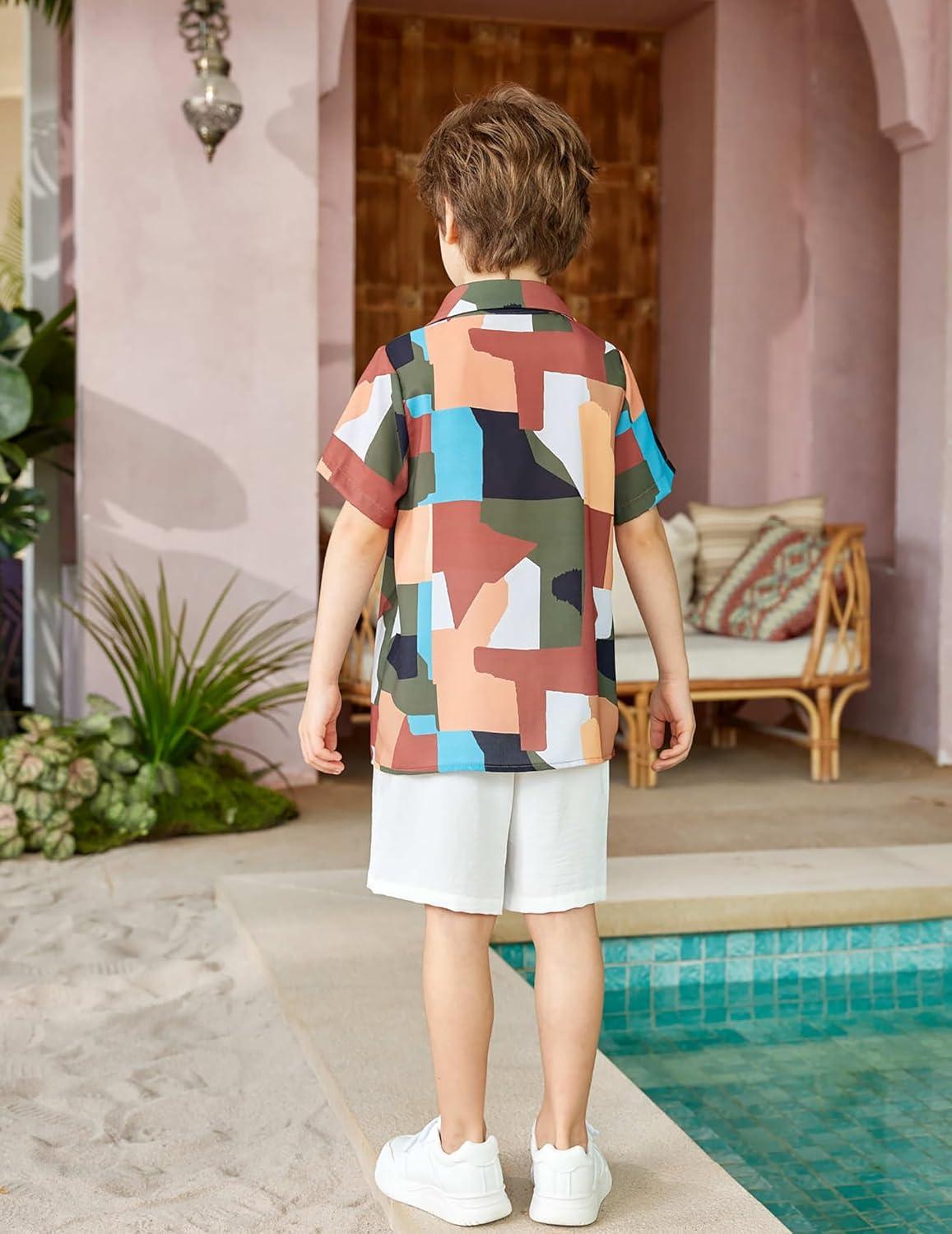 image:imageArshiner Boys 2 Piece Outfits Hawaiian Shorts Sets Button Down Shirt and Shorts Summer Beach Clothes for 212 YearsBrown Green Colorblock