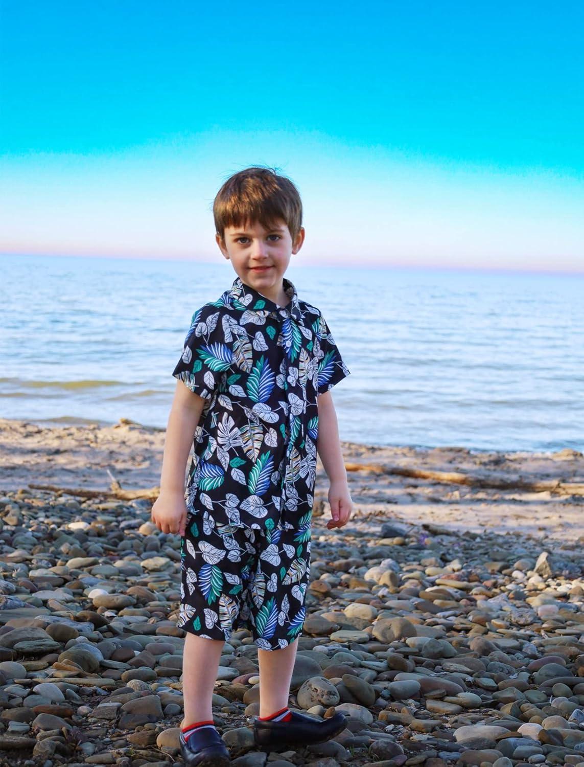 image:imageArshiner Boys 2 Piece Outfits Hawaiian Shorts Sets Button Down Shirt and Shorts Summer Beach Clothes for 212 YearsDark Blue Leaf Print