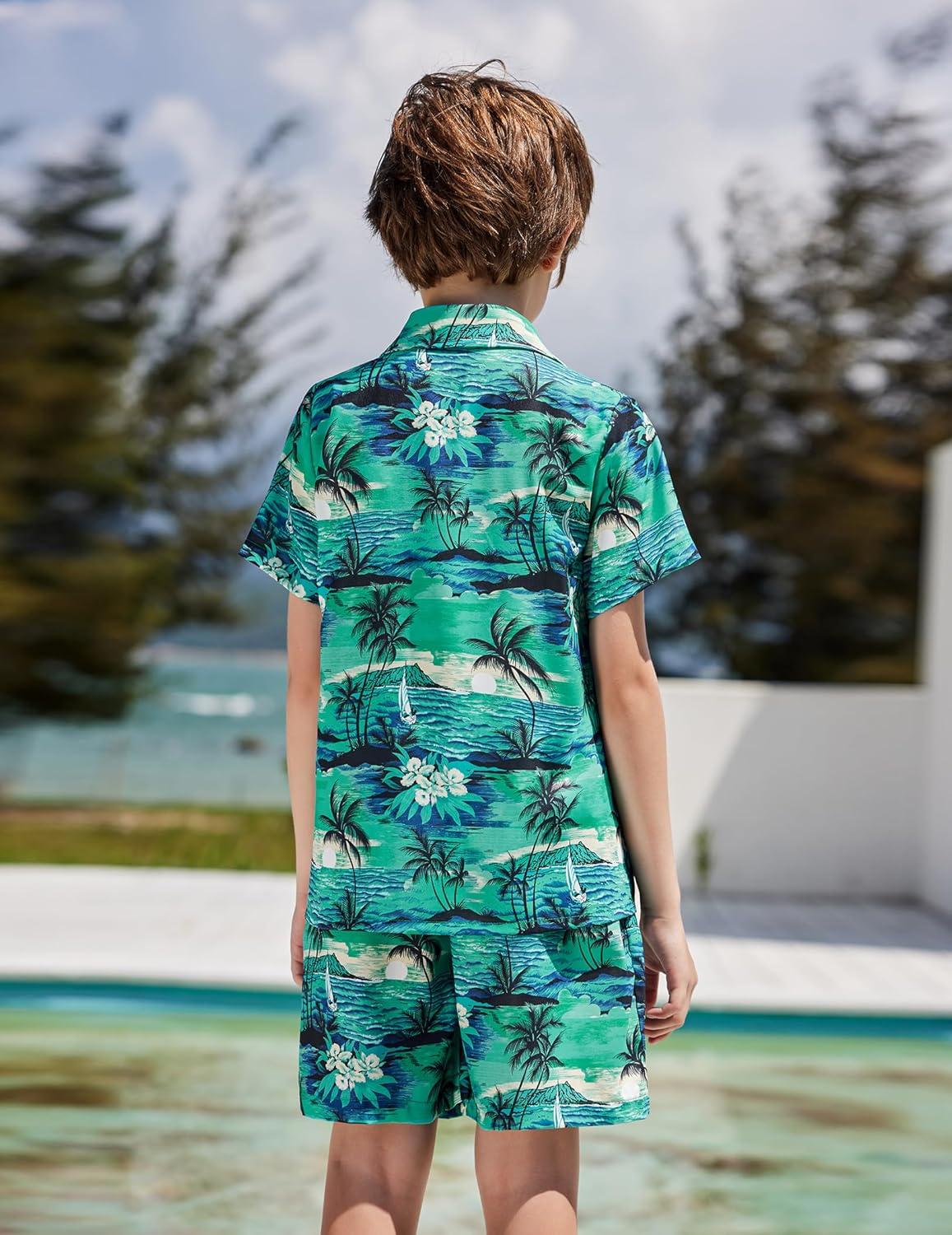 image:imageArshiner Boys 2 Piece Outfits Hawaiian Shorts Sets Button Down Shirt and Shorts Summer Beach Clothes for 212 YearsGreen Palm Tree
