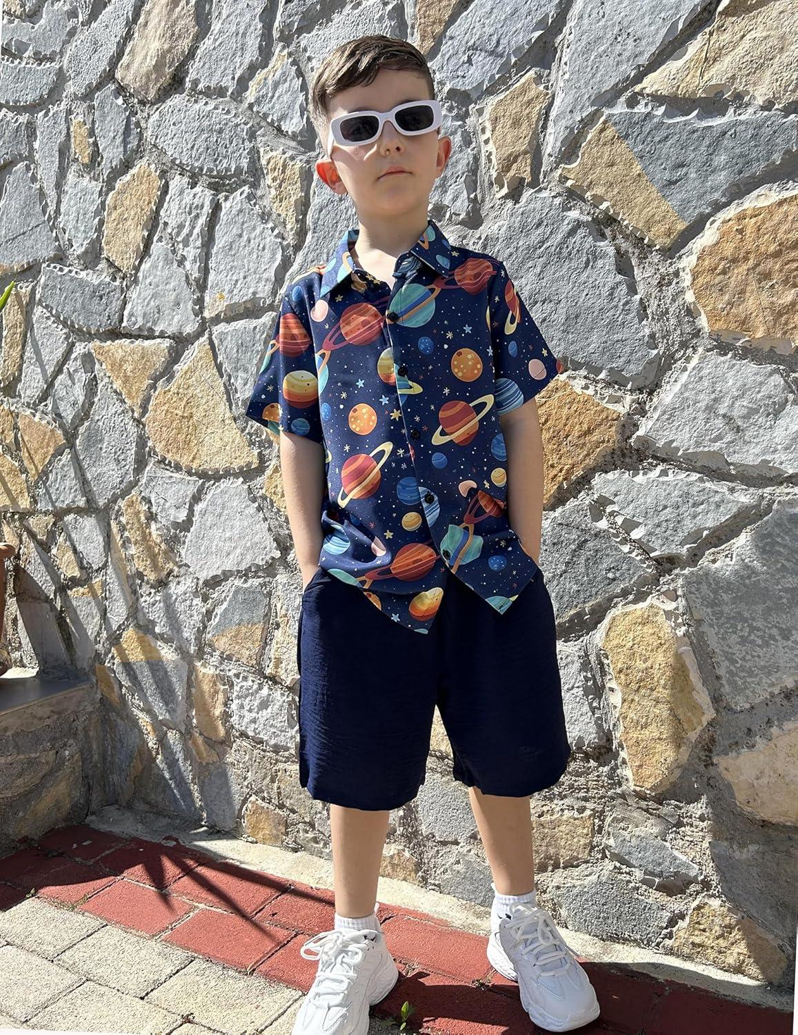 image:imageArshiner Boys 2 Piece Outfits Hawaiian Shorts Sets Button Down Shirt and Shorts Summer Beach Clothes for 212 YearsNavy Planet Print