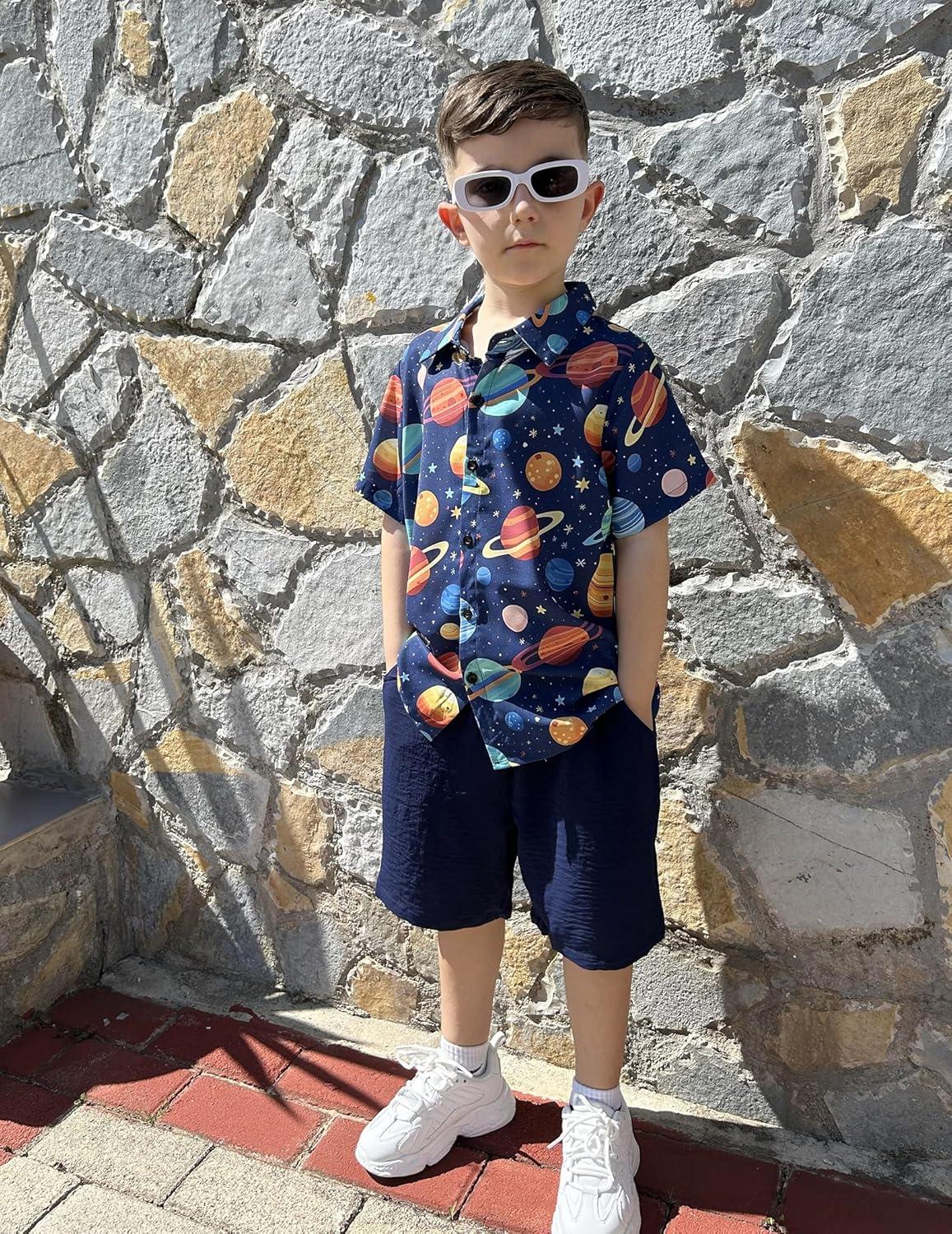 image:imageArshiner Boys 2 Piece Outfits Hawaiian Shorts Sets Button Down Shirt and Shorts Summer Beach Clothes for 212 YearsNavy Planet Print