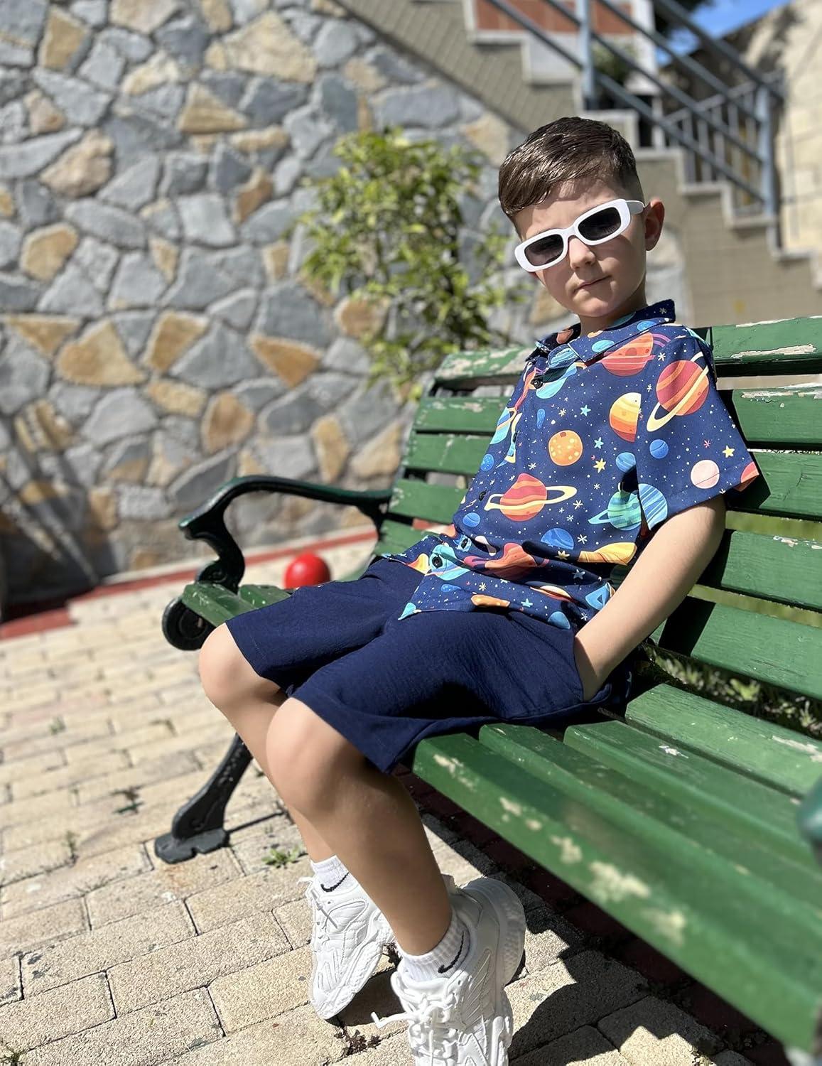 image:imageArshiner Boys 2 Piece Outfits Hawaiian Shorts Sets Button Down Shirt and Shorts Summer Beach Clothes for 212 YearsNavy Planet Print