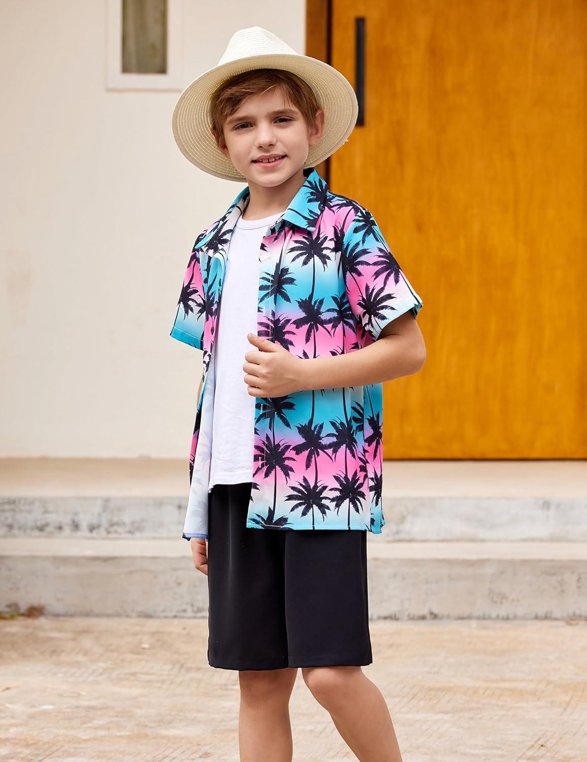 image:imageArshiner Boys 2 Piece Outfits Hawaiian Shorts Sets Button Down Shirt and Shorts Summer Beach Clothes for 212 YearsPinkBlue Tie Dye Palm Tree