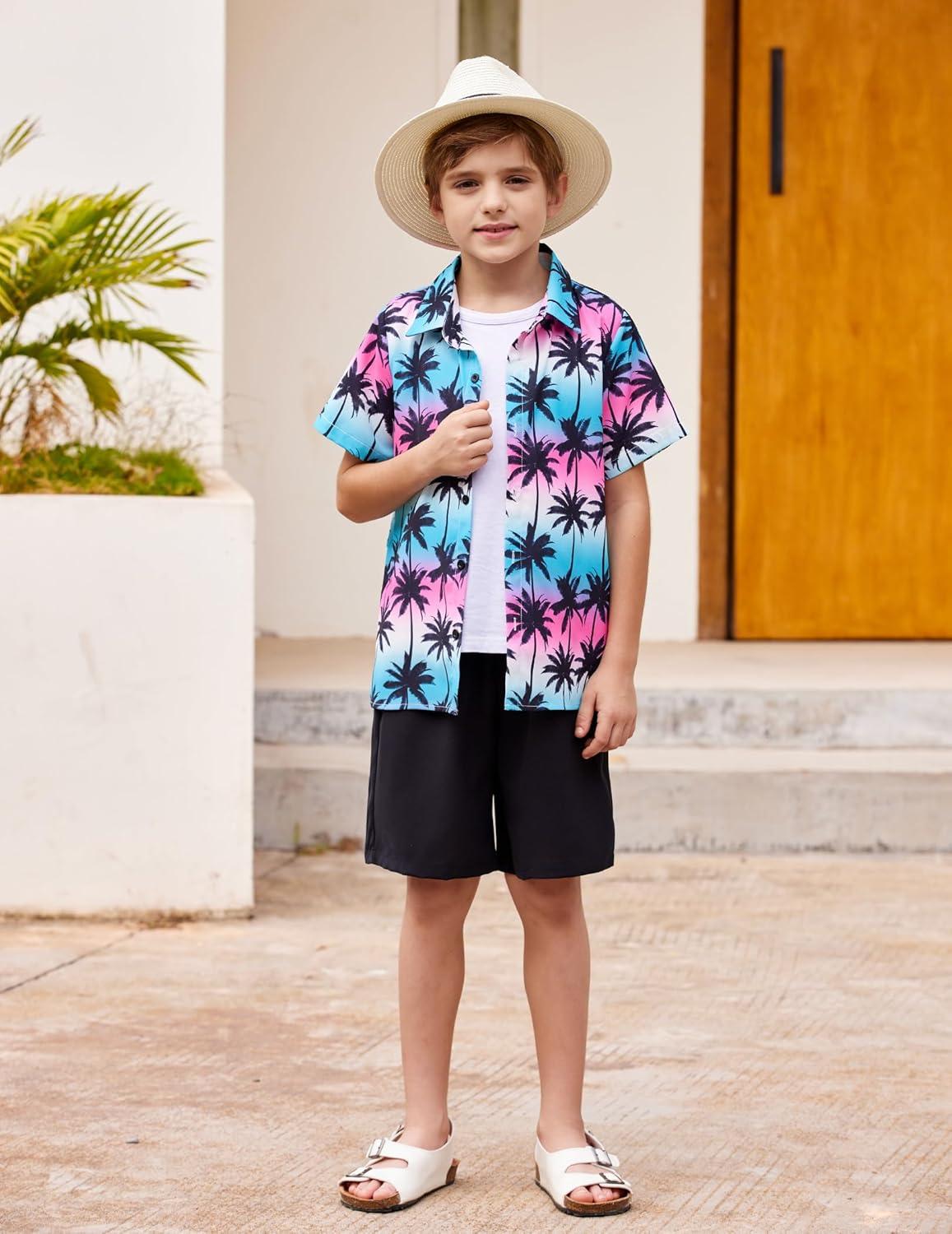 image:imageArshiner Boys 2 Piece Outfits Hawaiian Shorts Sets Button Down Shirt and Shorts Summer Beach Clothes for 212 YearsPinkBlue Tie Dye Palm Tree