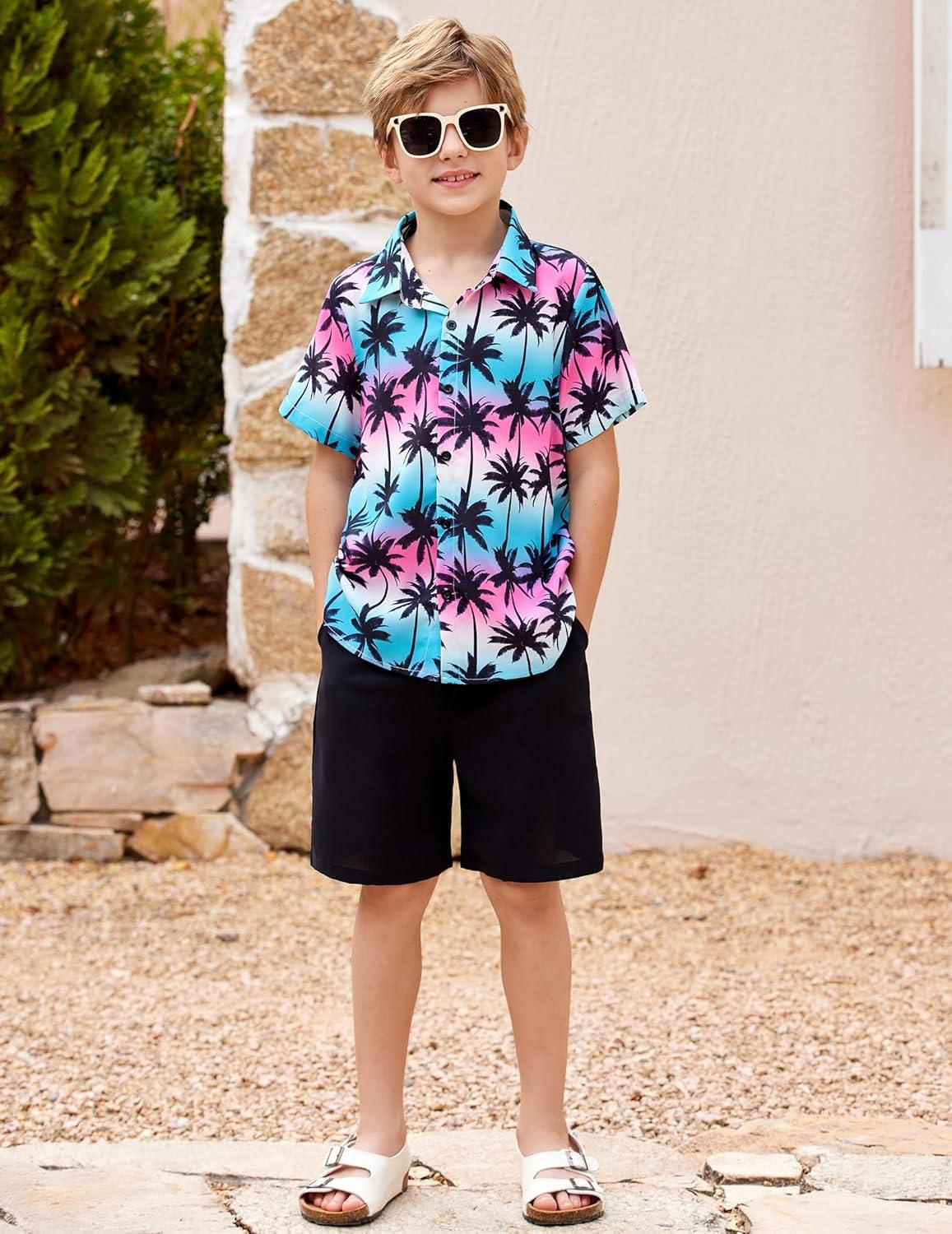 image:imageArshiner Boys 2 Piece Outfits Hawaiian Shorts Sets Button Down Shirt and Shorts Summer Beach Clothes for 212 YearsPinkBlue Tie Dye Palm Tree
